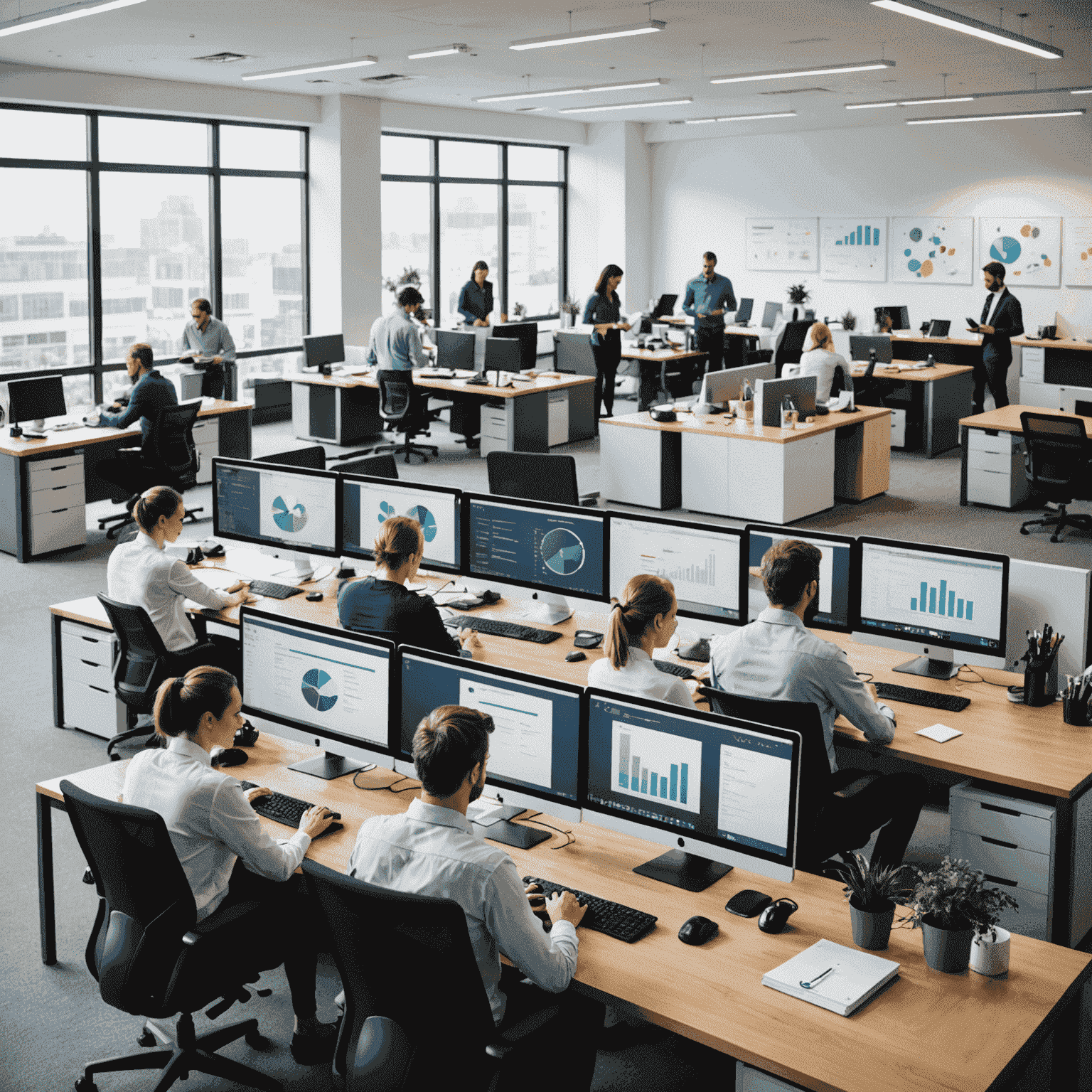 Ein modernes Büro mit einem Team, das an Computern arbeitet und ein CRM-System nutzt. Das Bild zeigt eine helle, offene Arbeitsumgebung mit zufriedenen Mitarbeitern, die effizient zusammenarbeiten.