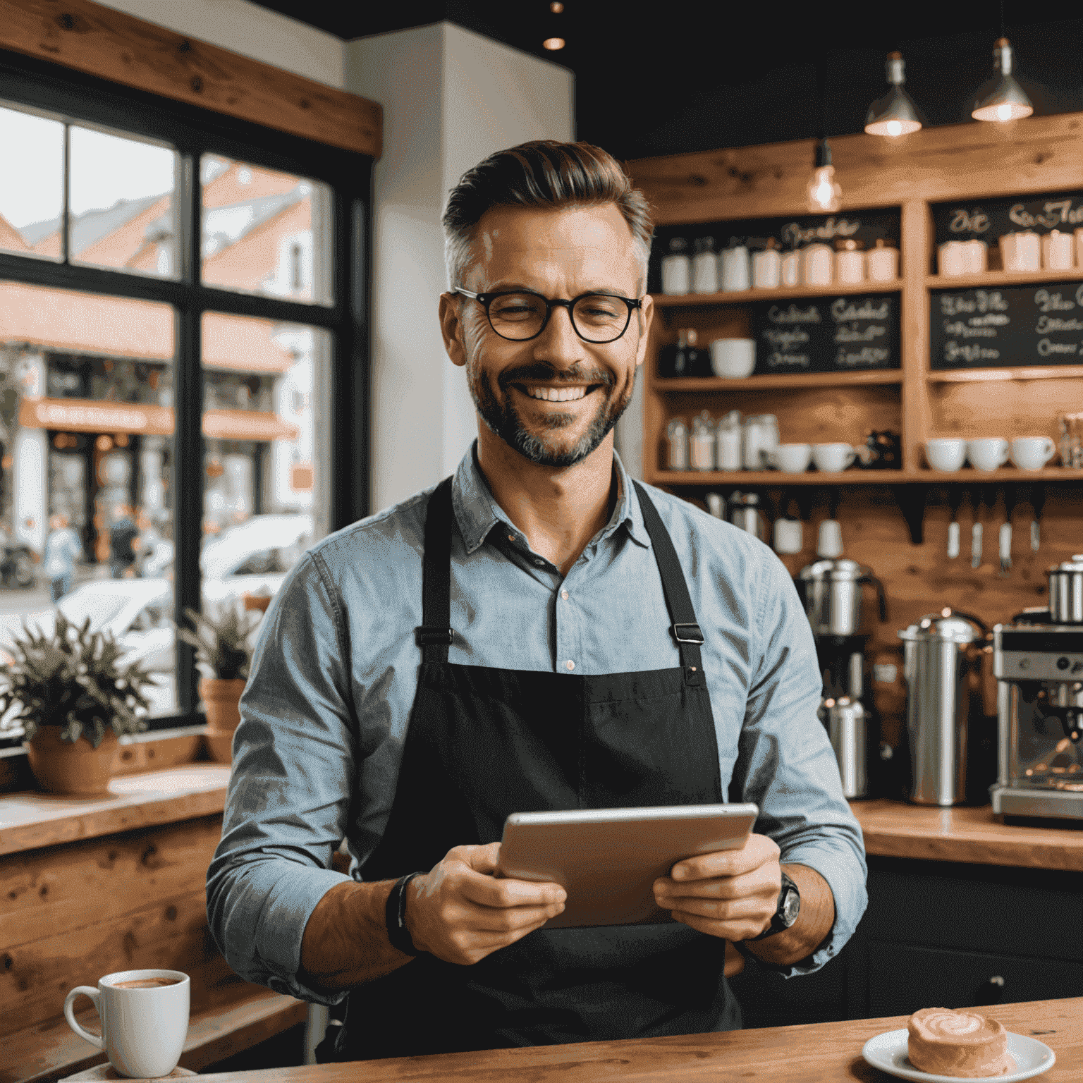 Ein zufriedener Geschäftsinhaber eines kleinen Cafés in Namborn, der auf seinem Tablet die CRM-Software von thightne nutzt