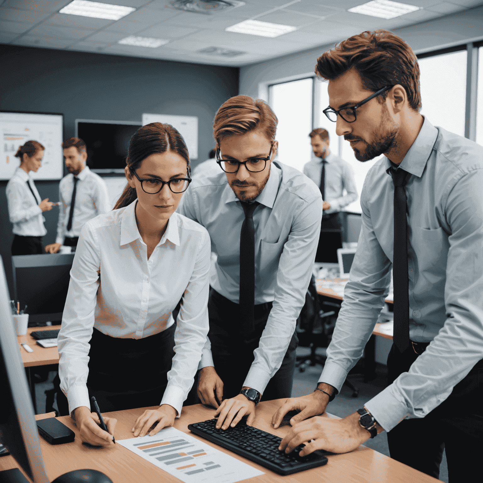 Ein Team von IT-Spezialisten arbeitet gemeinsam an Computern, um eine CRM-Implementierung durchzuführen. Sie tragen professionelle Kleidung und diskutieren über Diagramme und Bildschirme.