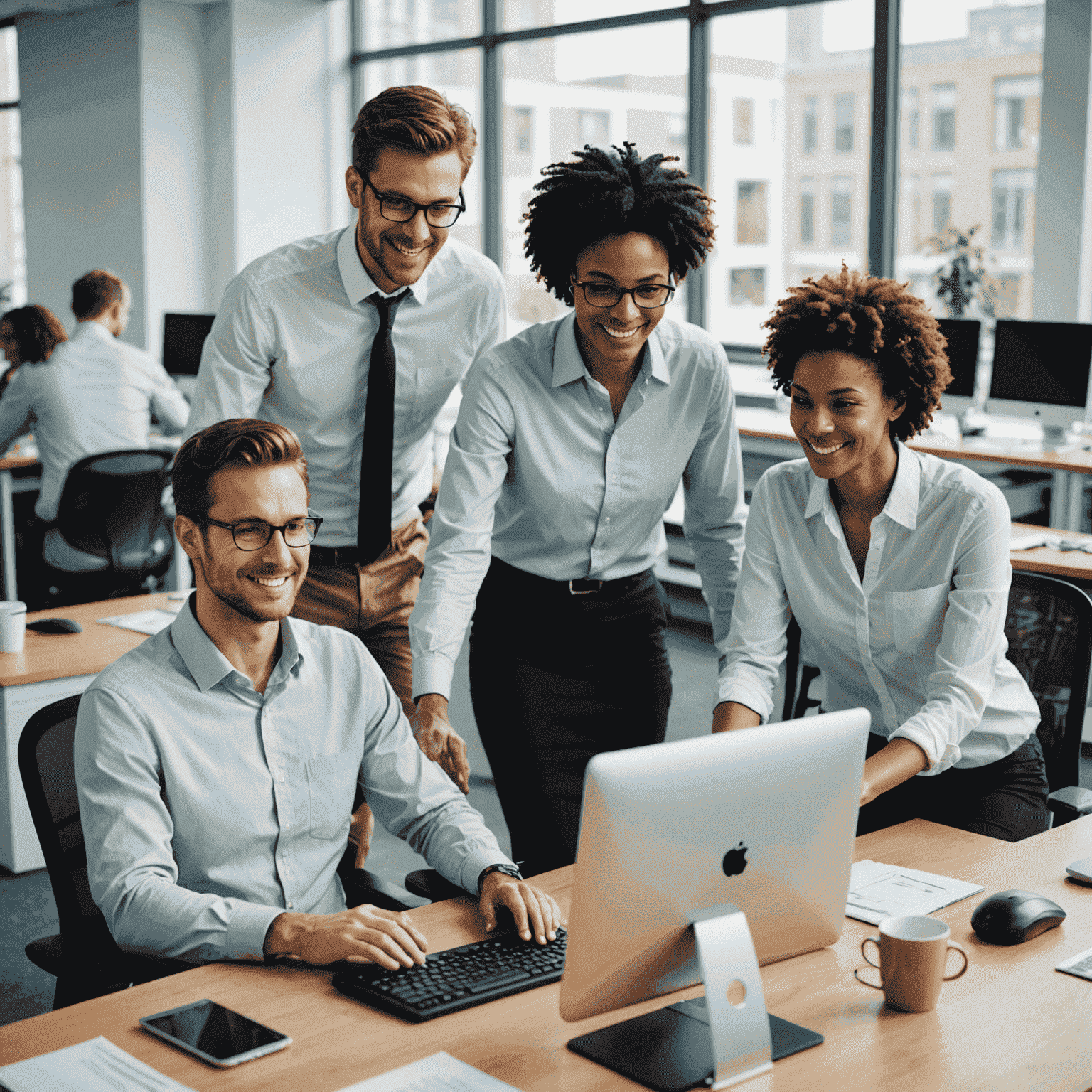 Ein Team von vier Personen, die an Computern in einem hellen, modernen Büro arbeiten. Sie sehen zufrieden und produktiv aus.