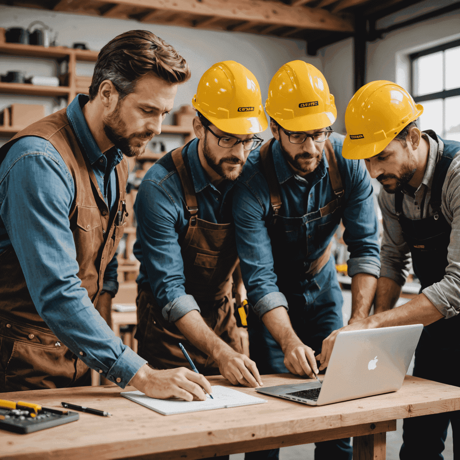 Ein Team von Handwerkern, die gemeinsam an einem Laptop die CRM-Lösung von thightne nutzen