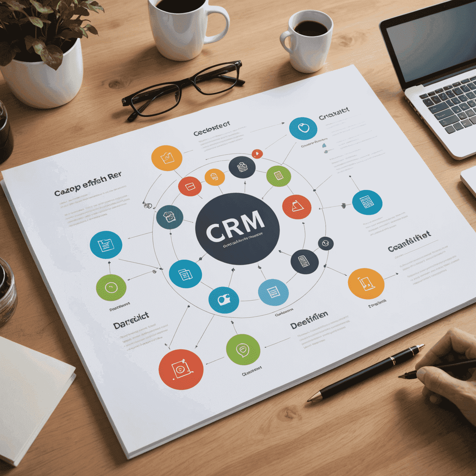 Übersichtliche Darstellung der Hauptfunktionen eines CRM-Systems mit Icons und kurzen Beschreibungen