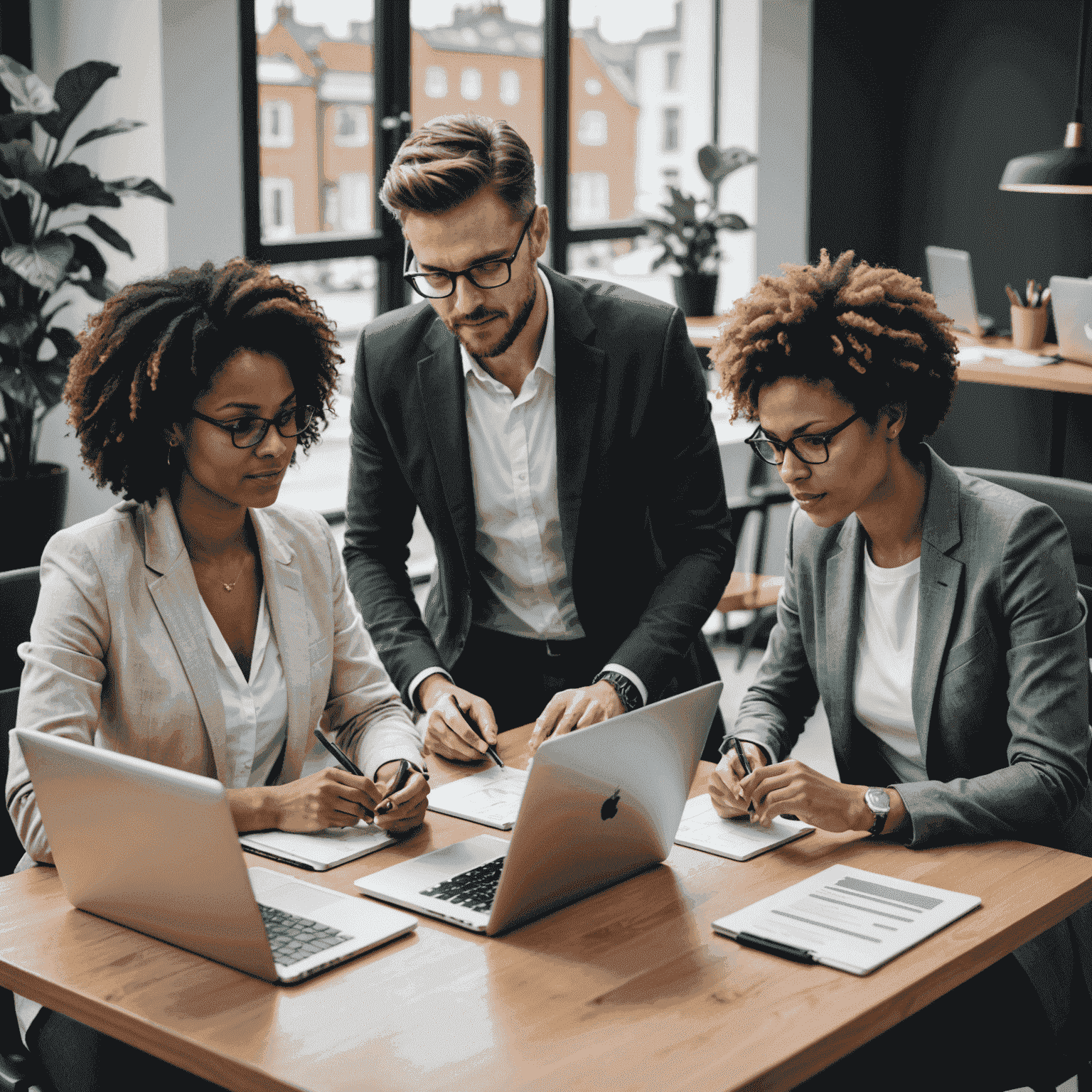 Ein Team von drei Personen, die gemeinsam an einem CRM-System arbeiten, mit Laptops und Tablets