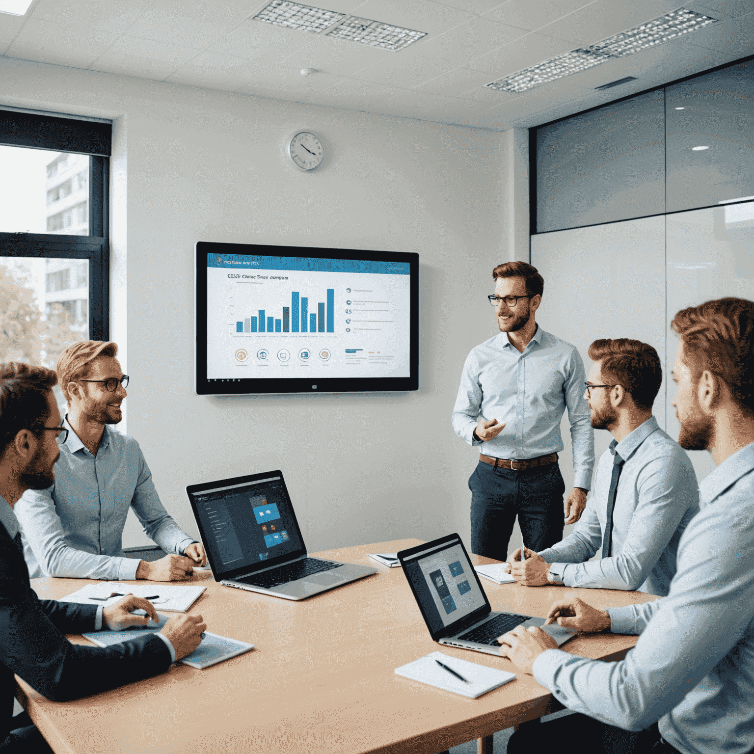 Ein Schulungsraum, in dem ein thightne-Experte einer kleinen Gruppe von Mitarbeitern die Funktionen des CRM-Systems erklärt. Der Raum ist hell und modern eingerichtet, mit einem großen Bildschirm, auf dem das CRM-Interface zu sehen ist.