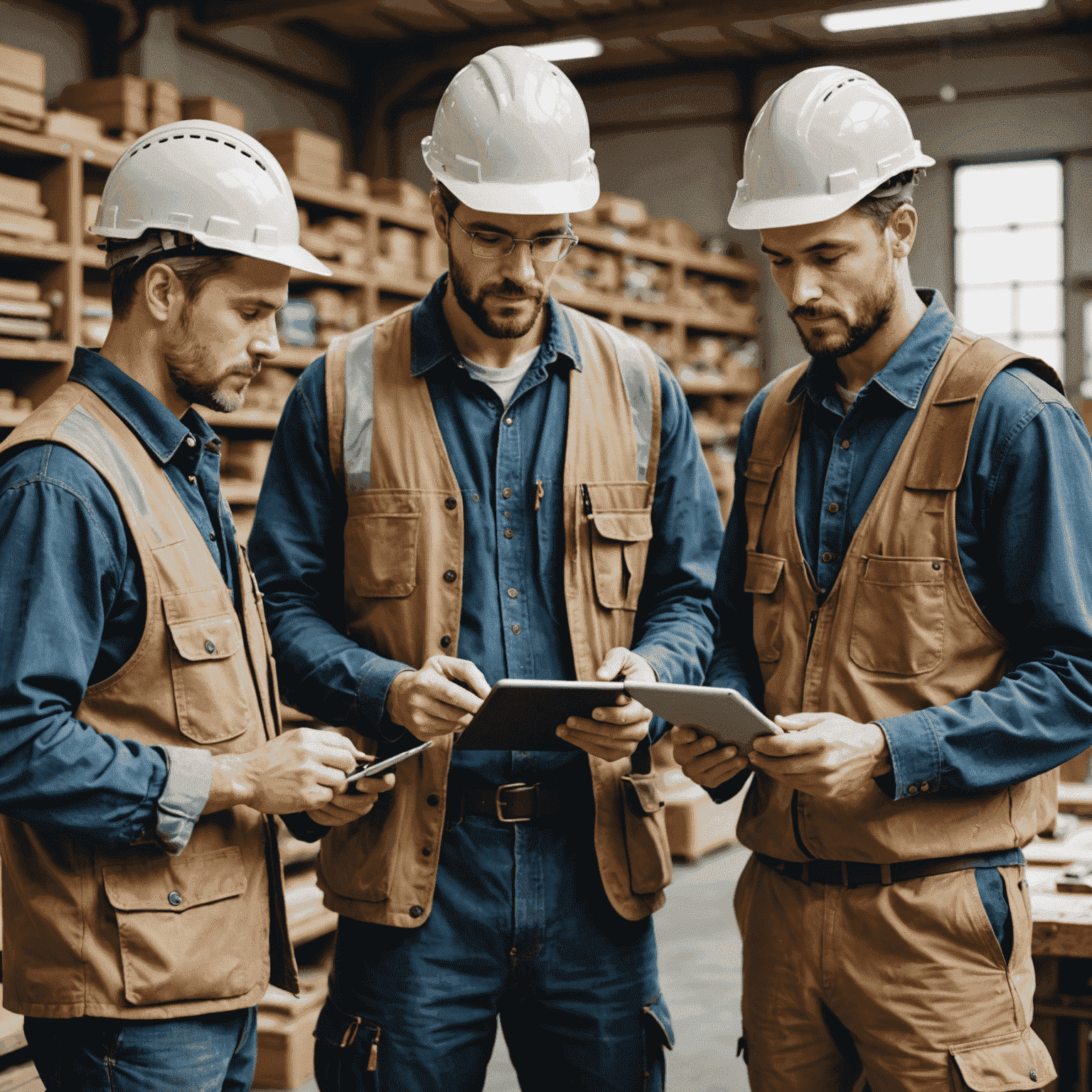 Eine Gruppe von Handwerkern in Arbeitskleidung, die Tablets benutzen, um Kundeninformationen zu überprüfen.
