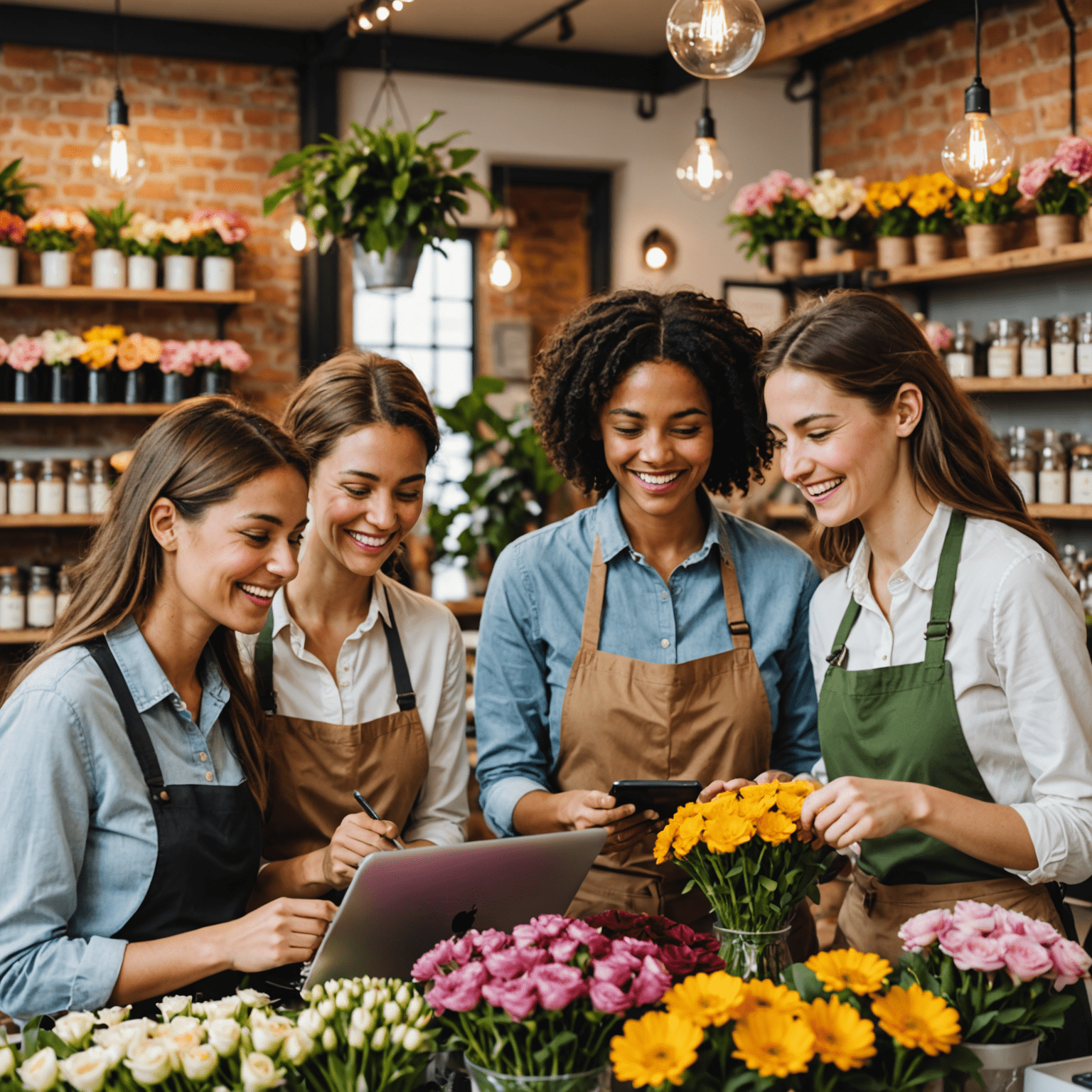 Eine Gruppe von Mitarbeitern eines Blumenladens, die freudig auf positive Kundenbewertungen in der thightne CRM-Software blicken