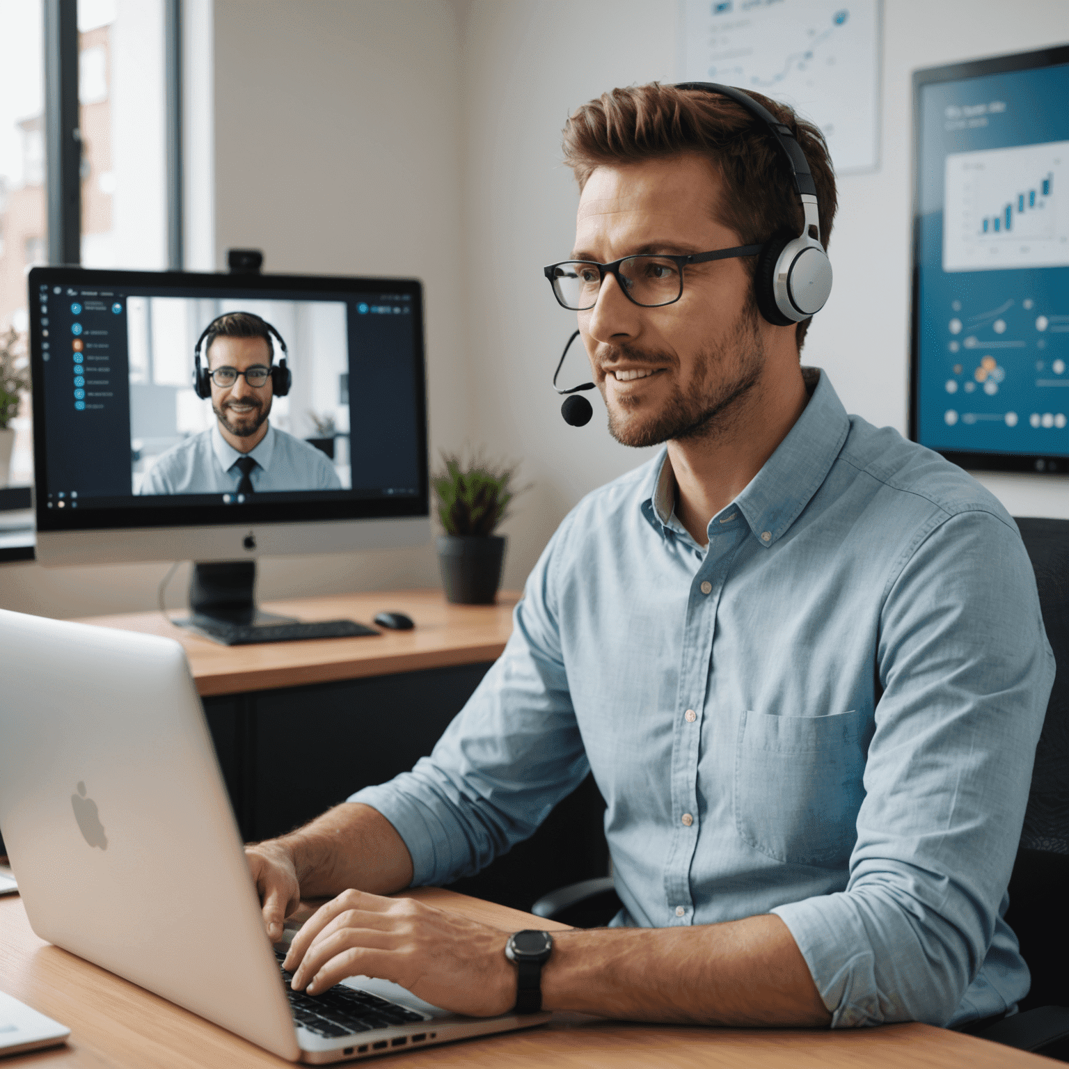 Ein thightne-Supportmitarbeiter im Gespräch mit einem Kunden über eine Videokonferenz. Der Mitarbeiter trägt ein Headset und erklärt etwas anhand von Diagrammen auf seinem Bildschirm.