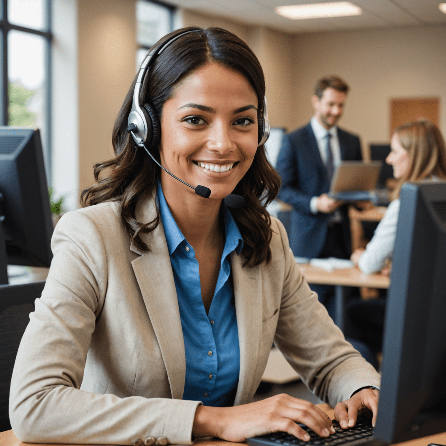 Ein freundlicher Kundendienstmitarbeiter mit Headset, der lächelnd auf einem Computer-Bildschirm tippt.