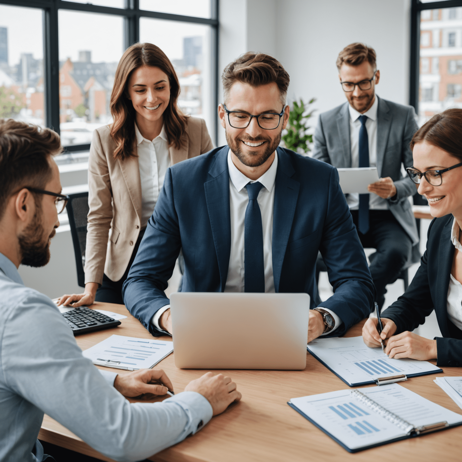Ein Buchhalter, der konzentriert mit der CRM-Software von thightne arbeitet, umgeben von zufriedenen Klienten