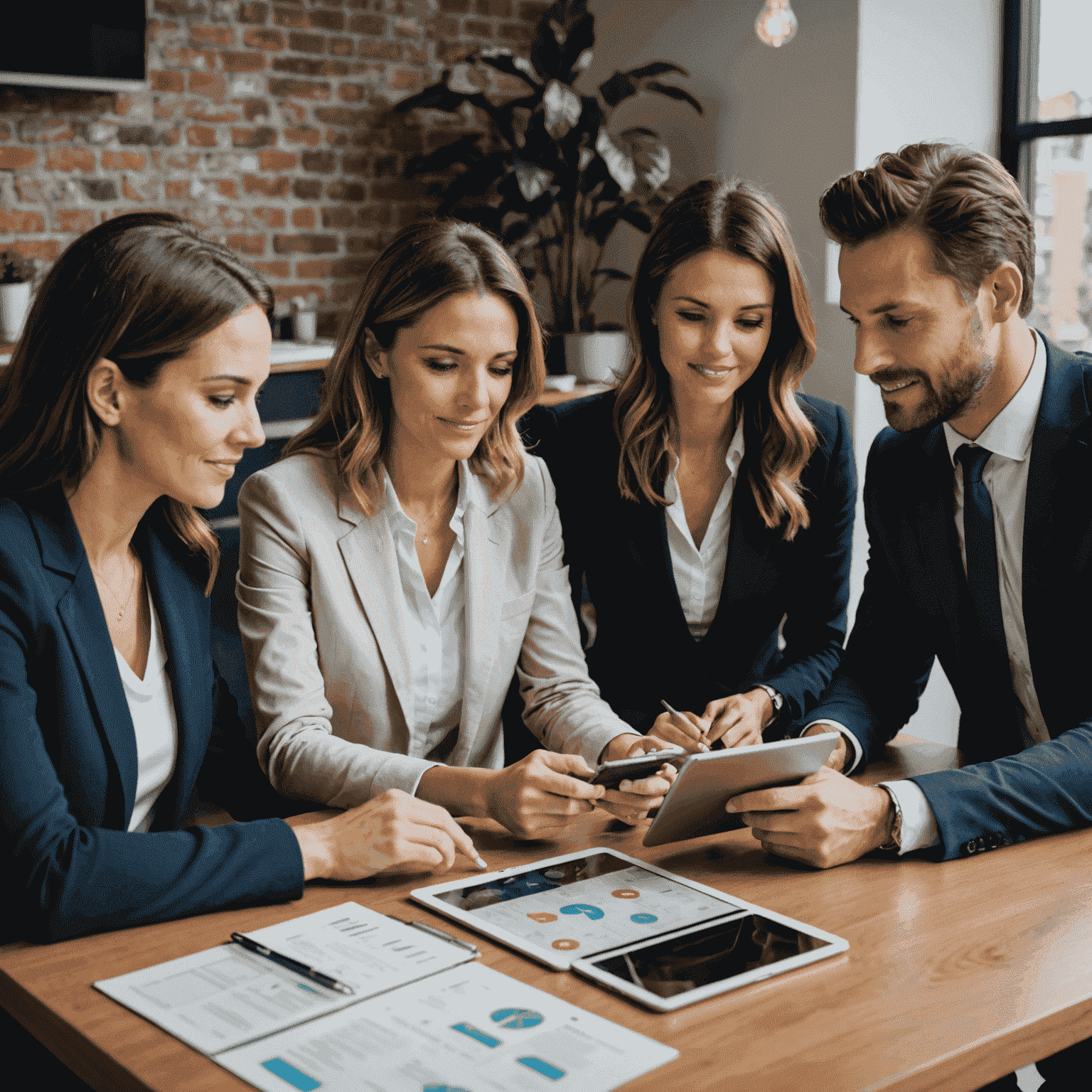 Ein kleines Team von Immobilienmaklern, die gemeinsam an einem Tisch sitzen und auf Tablets Immobilienangebote durchgehen.