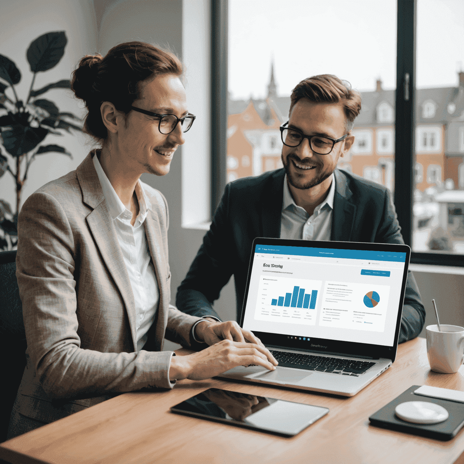 Ein IT-Dienstleister, der einem Kunden die Vorteile der thightne CRM-Lösung auf einem Laptop präsentiert