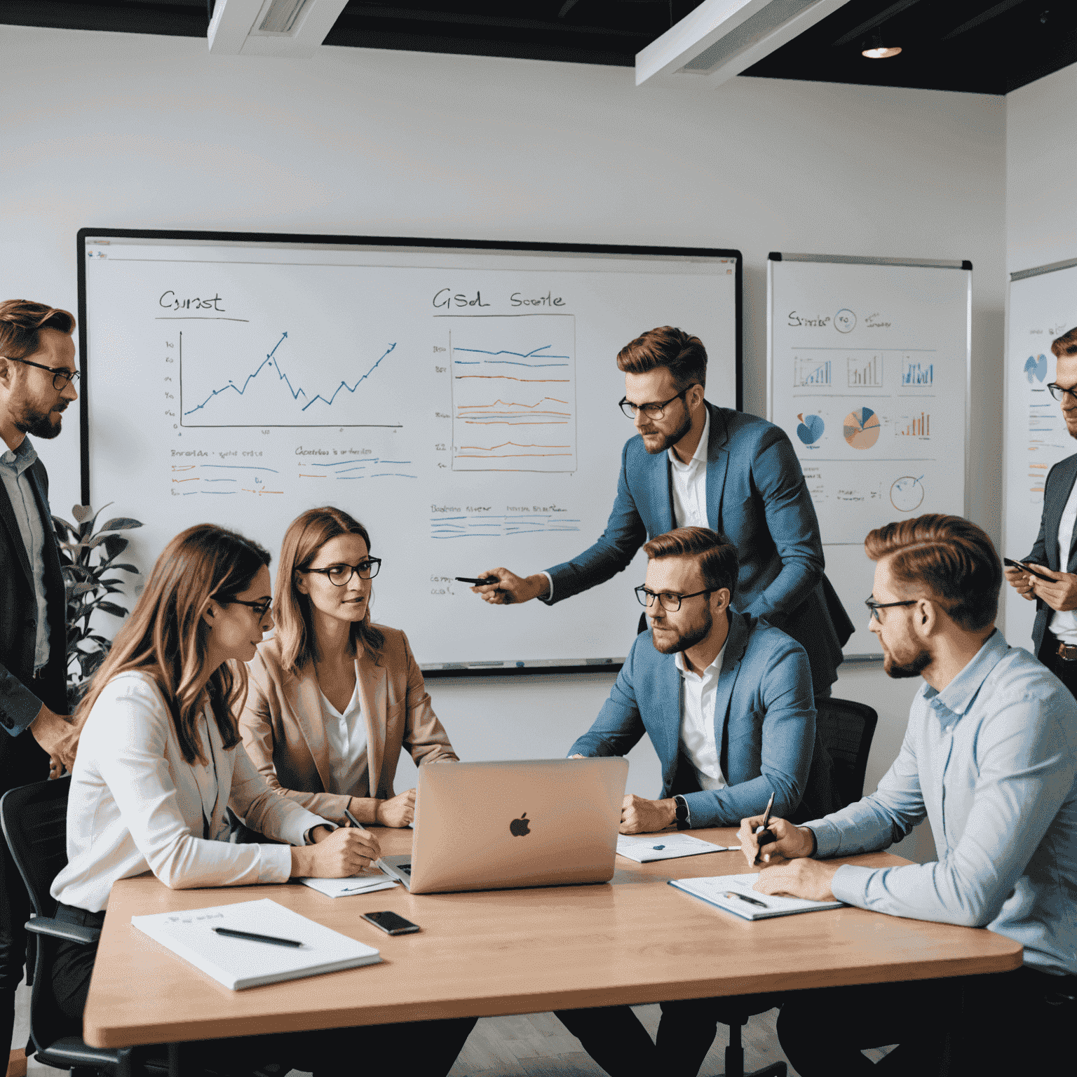 Ein Team von Marketingexperten, die an einem Whiteboard Ideen sammeln und dabei auf ihren Laptops CRM-Daten analysieren.